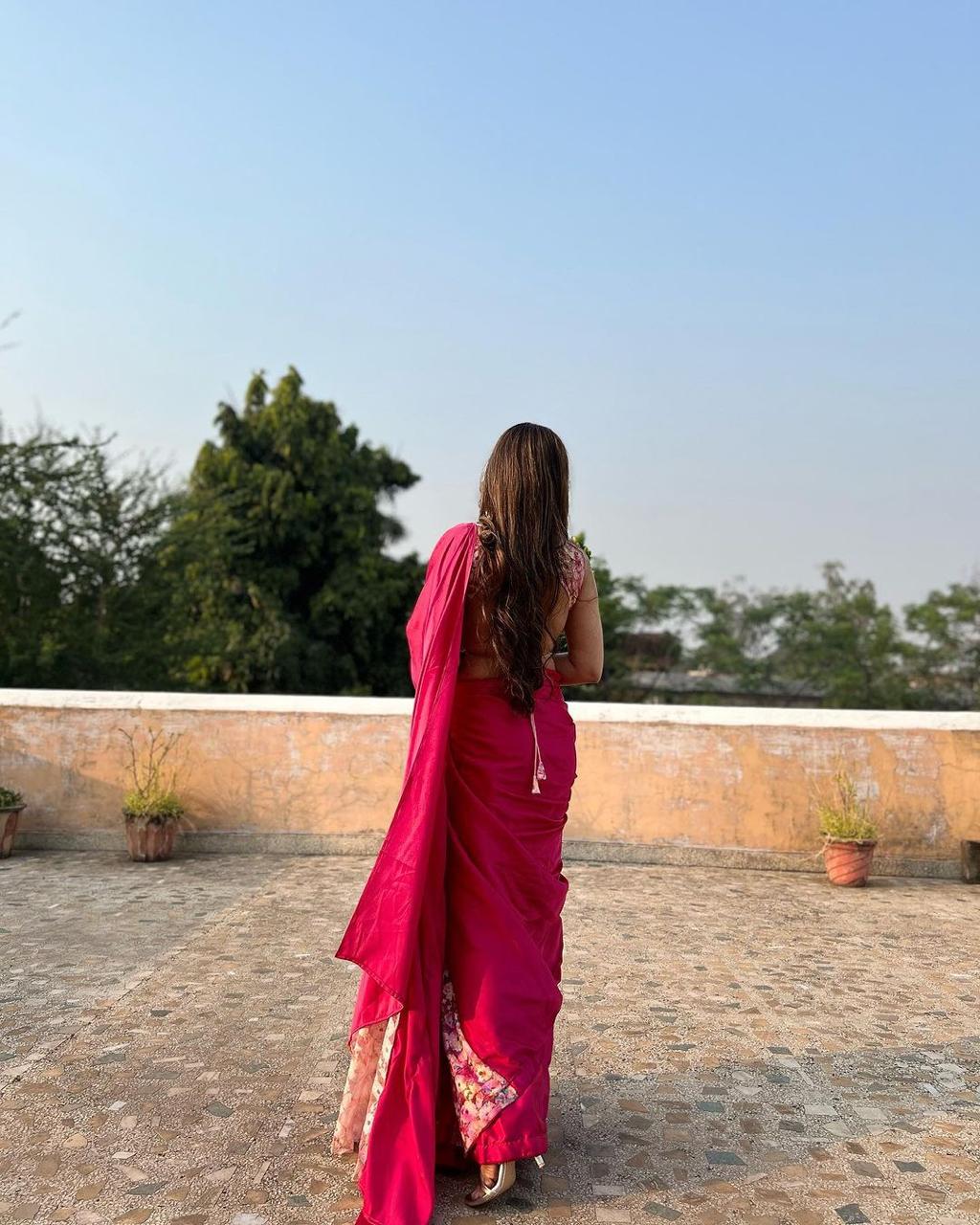 Ravishing Satin Silk Printed French Net Pink Color Saree