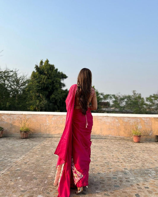 Ravishing Satin Silk Printed French Net Pink Color Saree