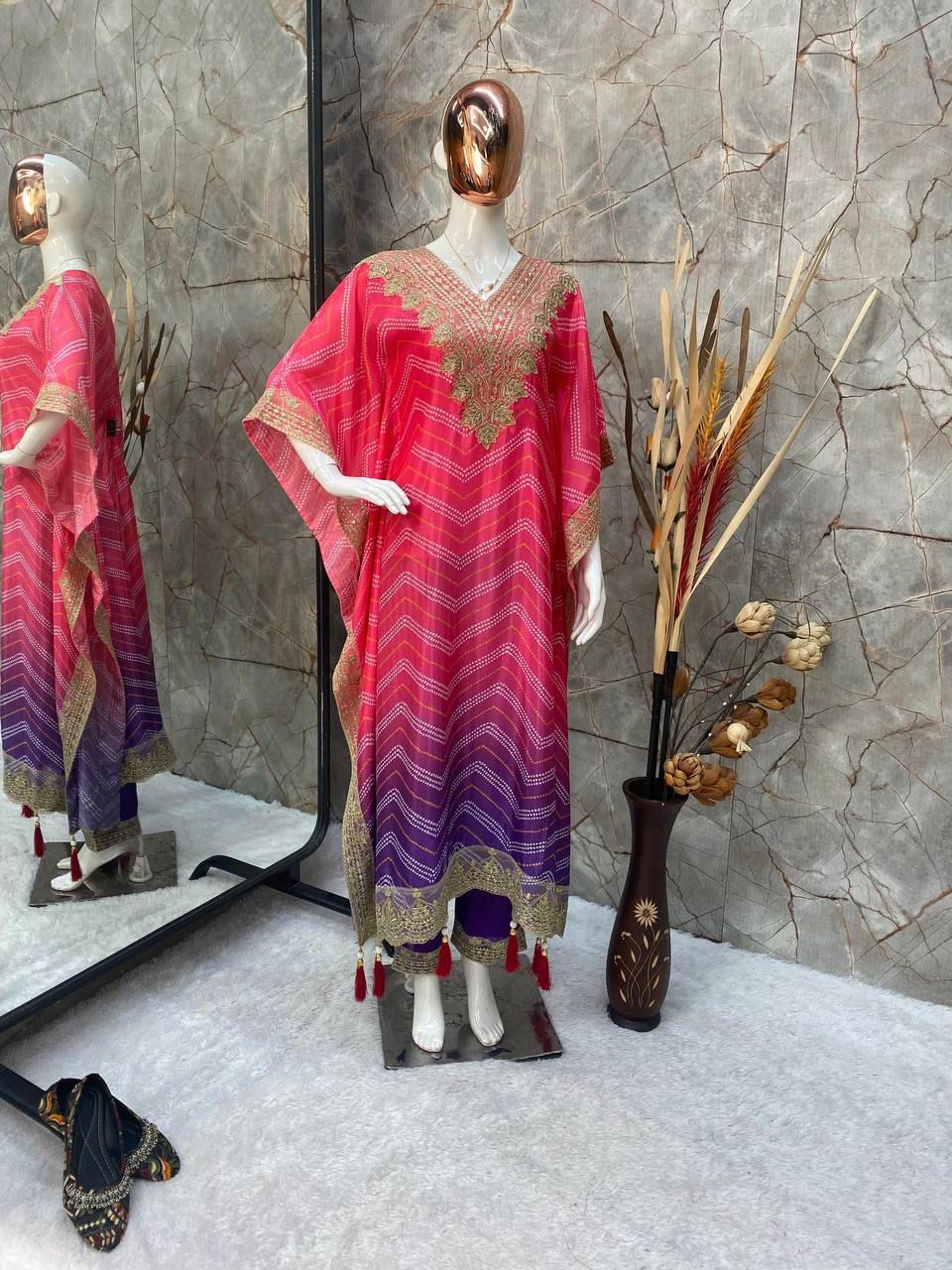 Preferable Chinon Embroidered Work Pink Multi Color Kaftani Dress