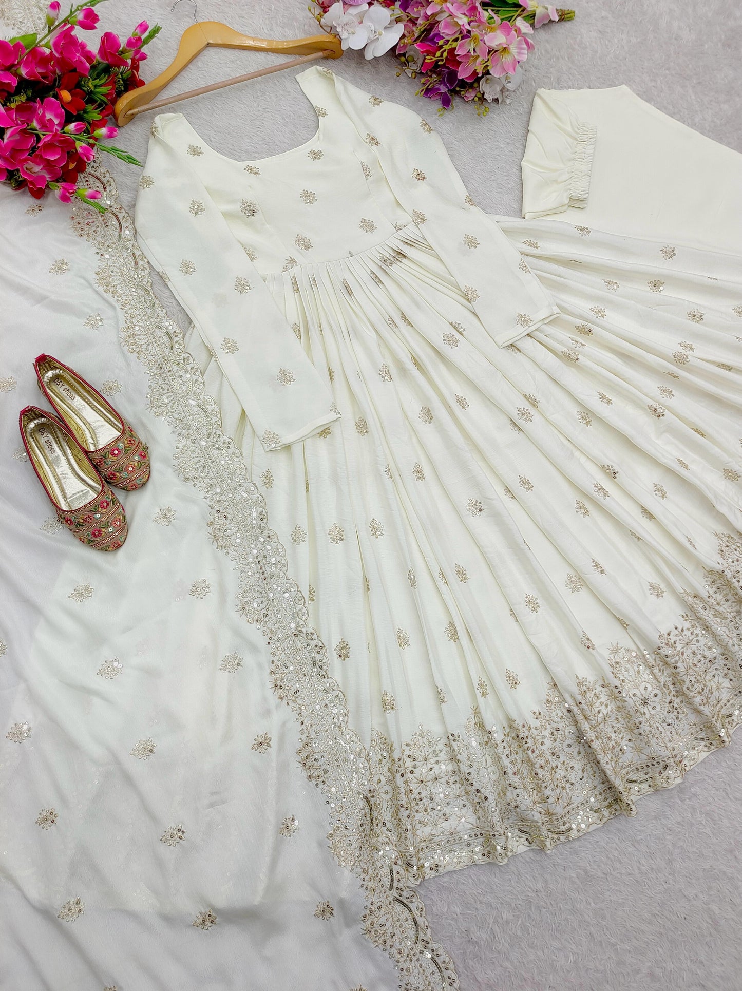 Graceful Chinon Silk White Color Sequence Work Gown