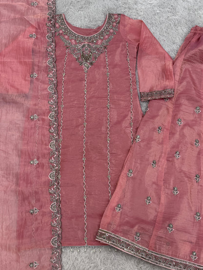 Designer Crush Silk Pink Color Palazzo Suit