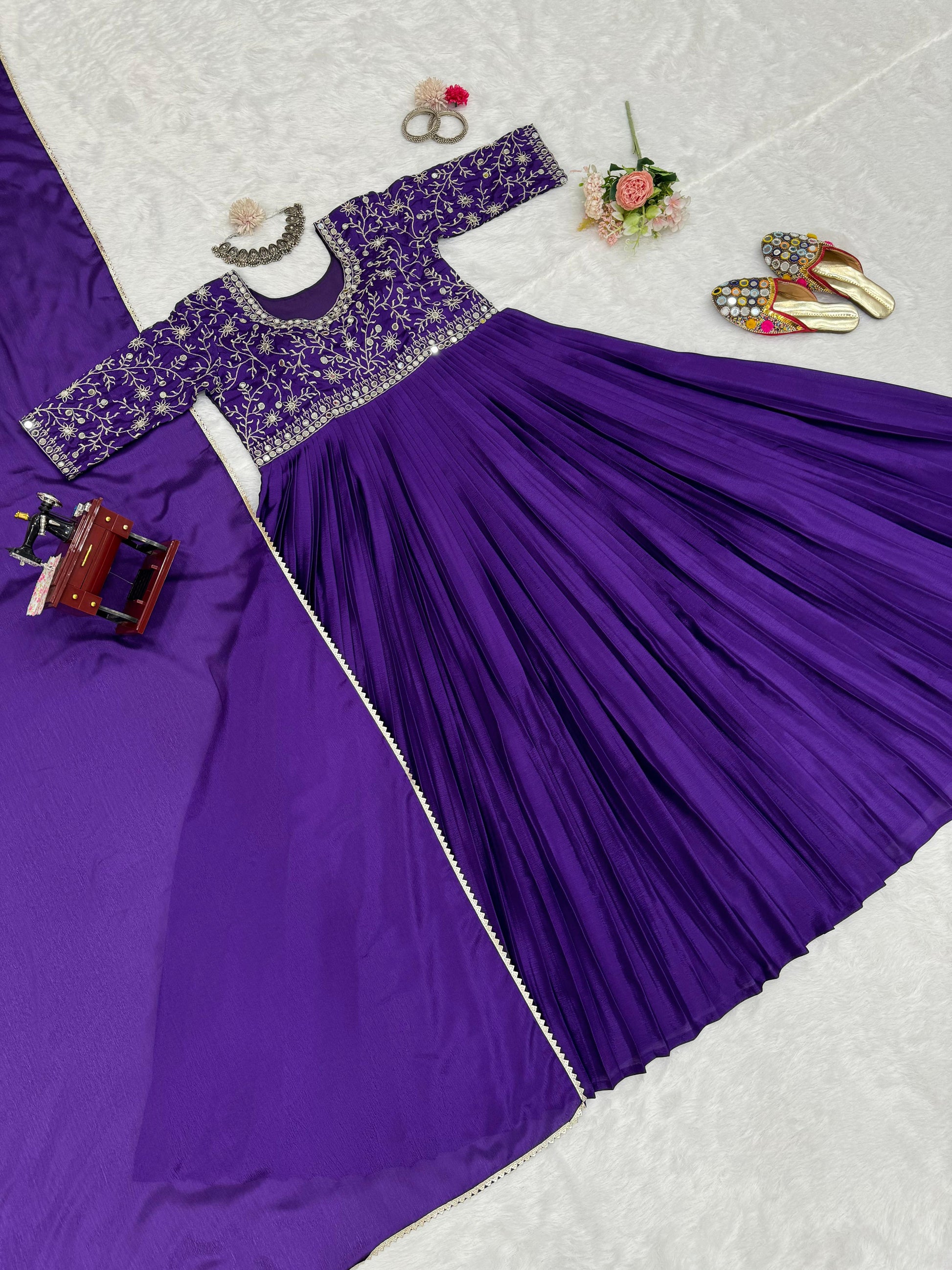 Awesome Real Mirror Work Purple Color Gown
