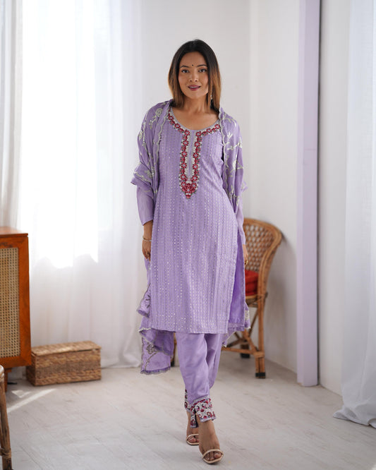 Elegant Chinon Silk Lavender Color Salwar Suit