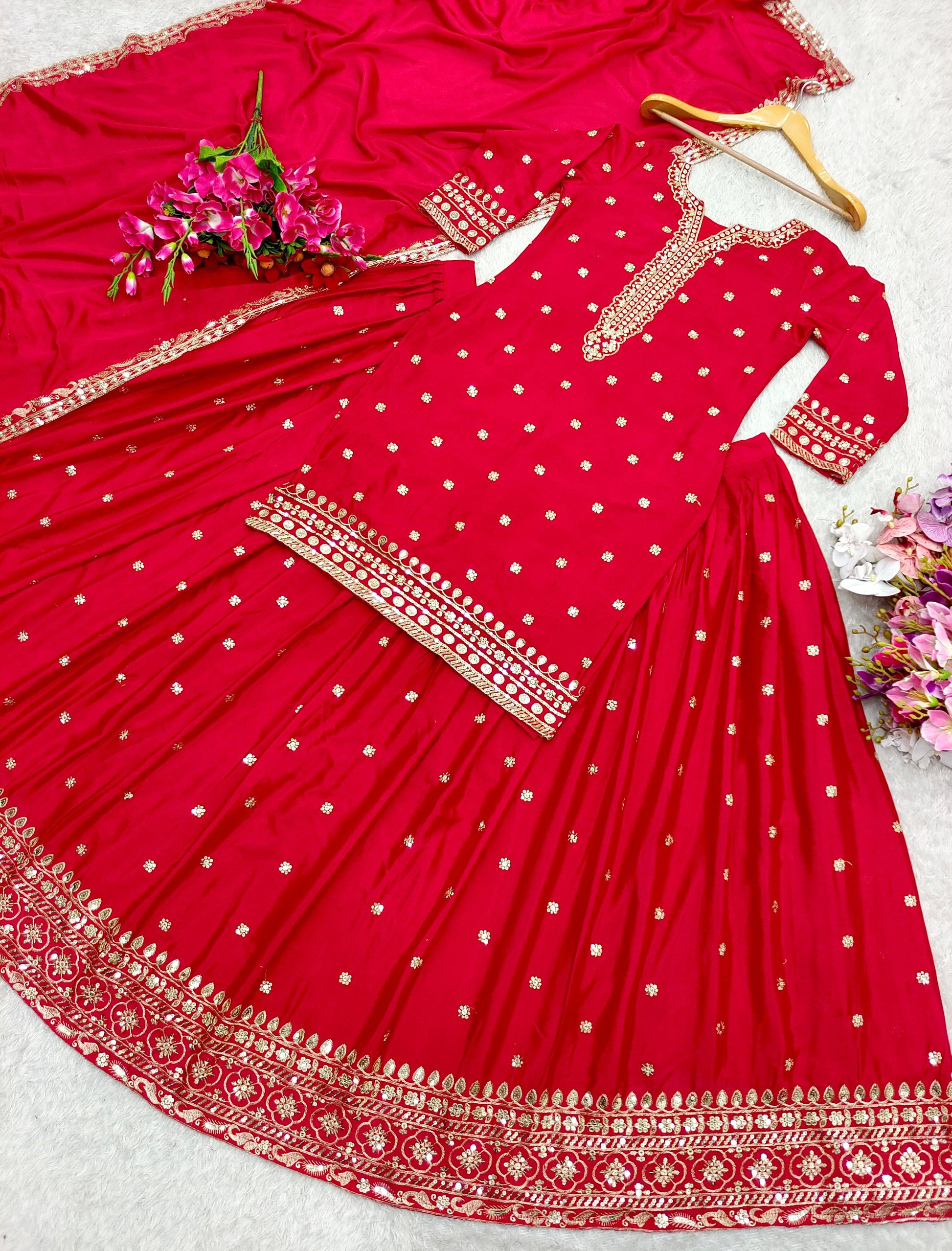 Gorgeous Red Color Sequence Work Top With Lehenga
