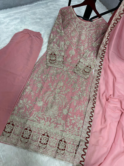 Captivating Heavy Embroidery Work Pink Color Palazzo With Dupatta Set
