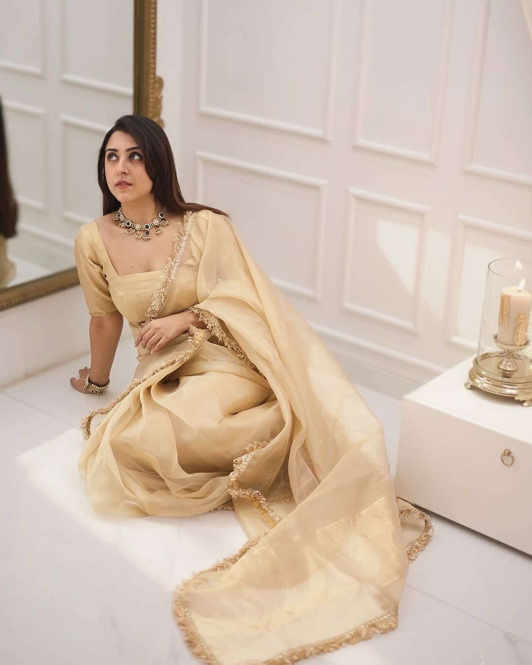 Pretty Goldy Crazy Cream Color Saree