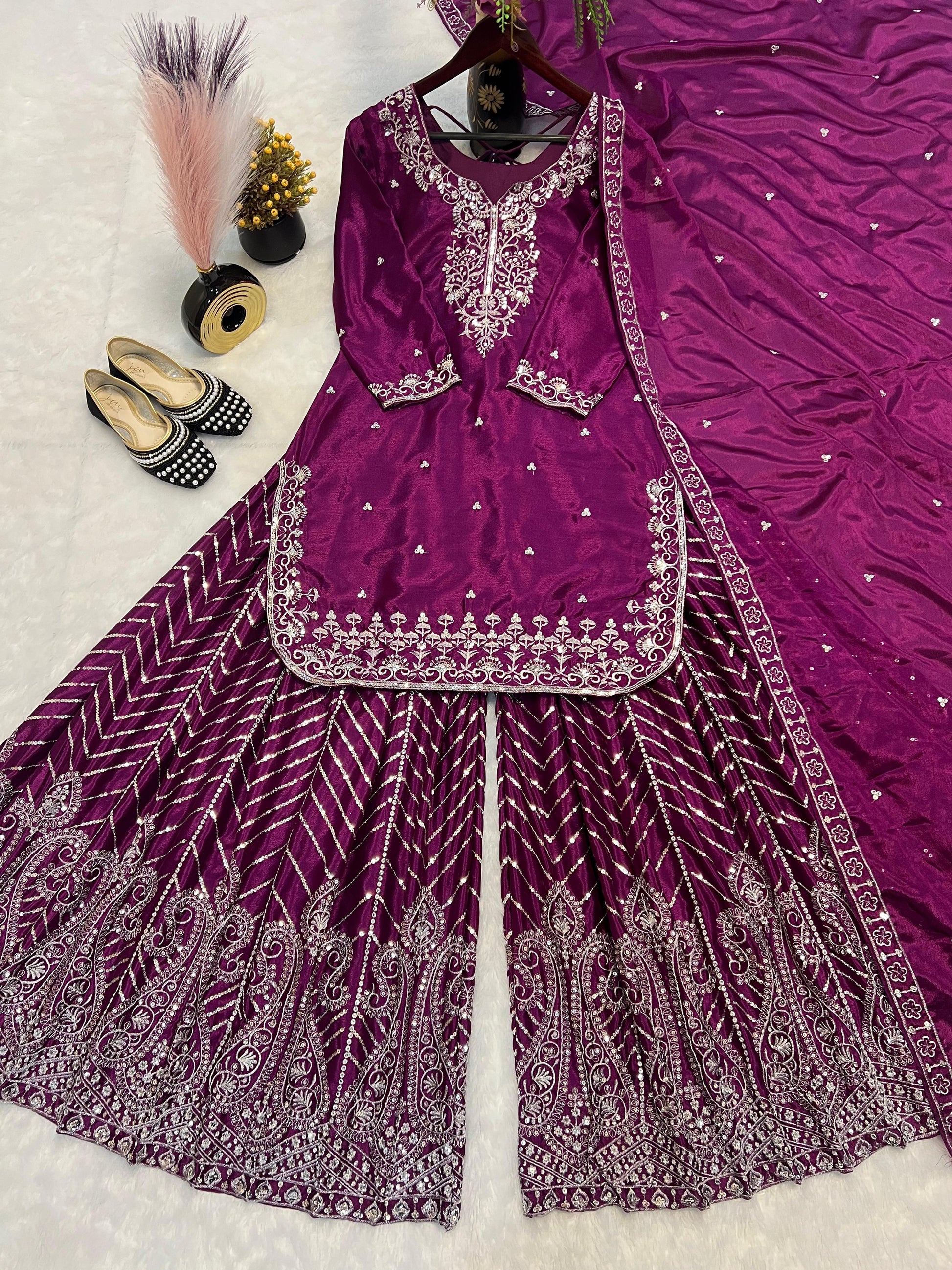 Designer Embroidery Work Wine Color Sharara Suit