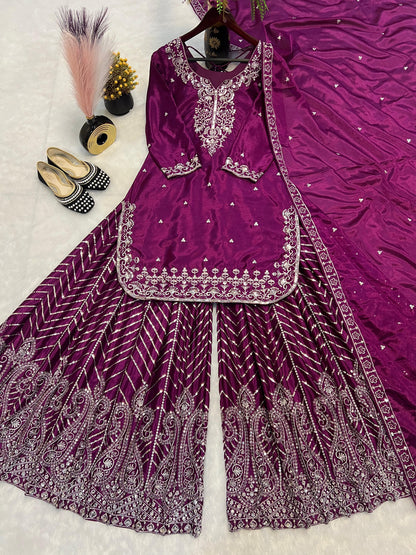 Designer Embroidery Work Wine Color Sharara Suit