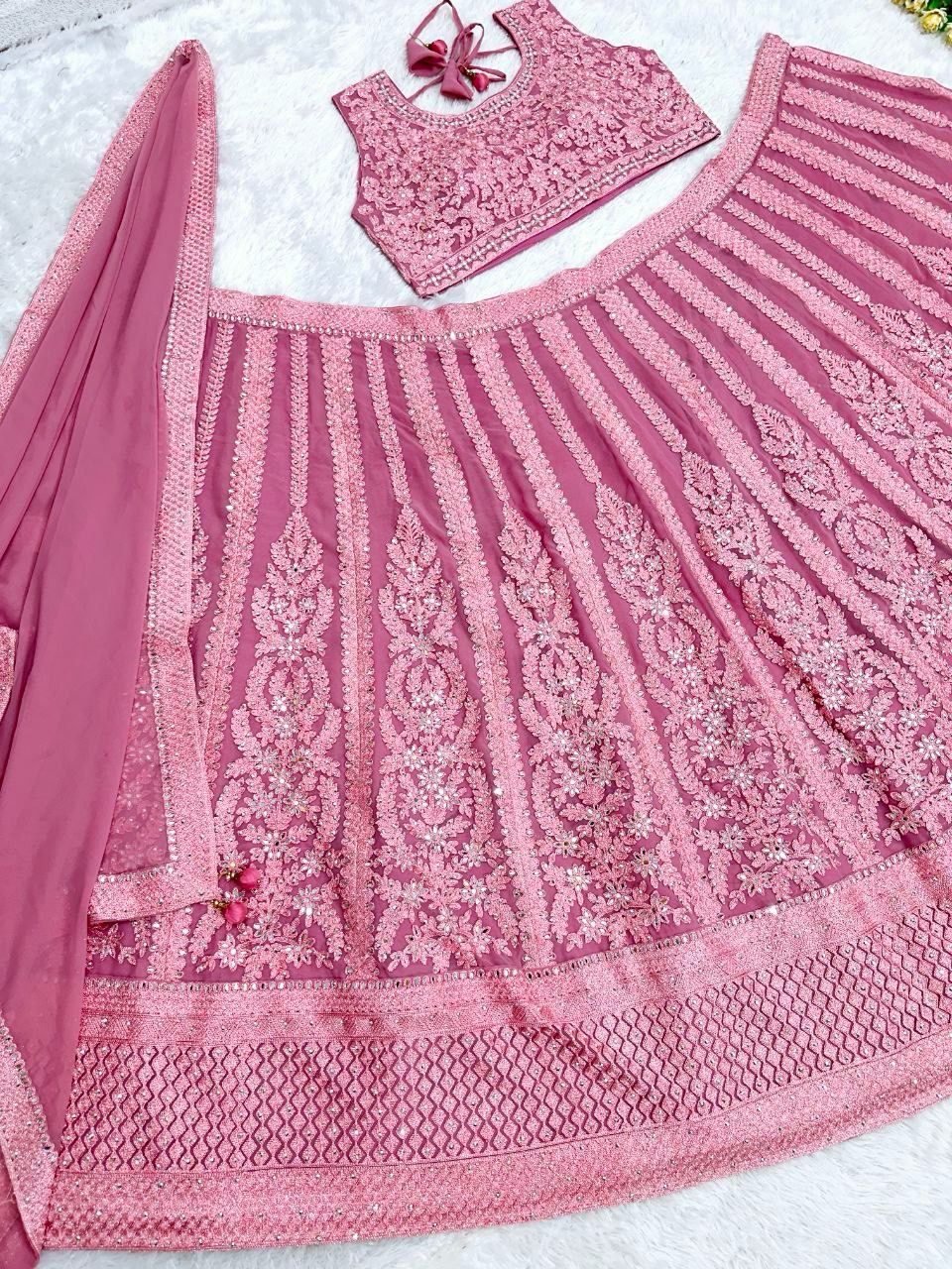 Wonderful Georgeet Embroidered Work Pink Color Lehenga Choli