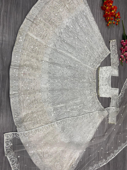 Adorable Butterfly Net White Color Lehenga Choli