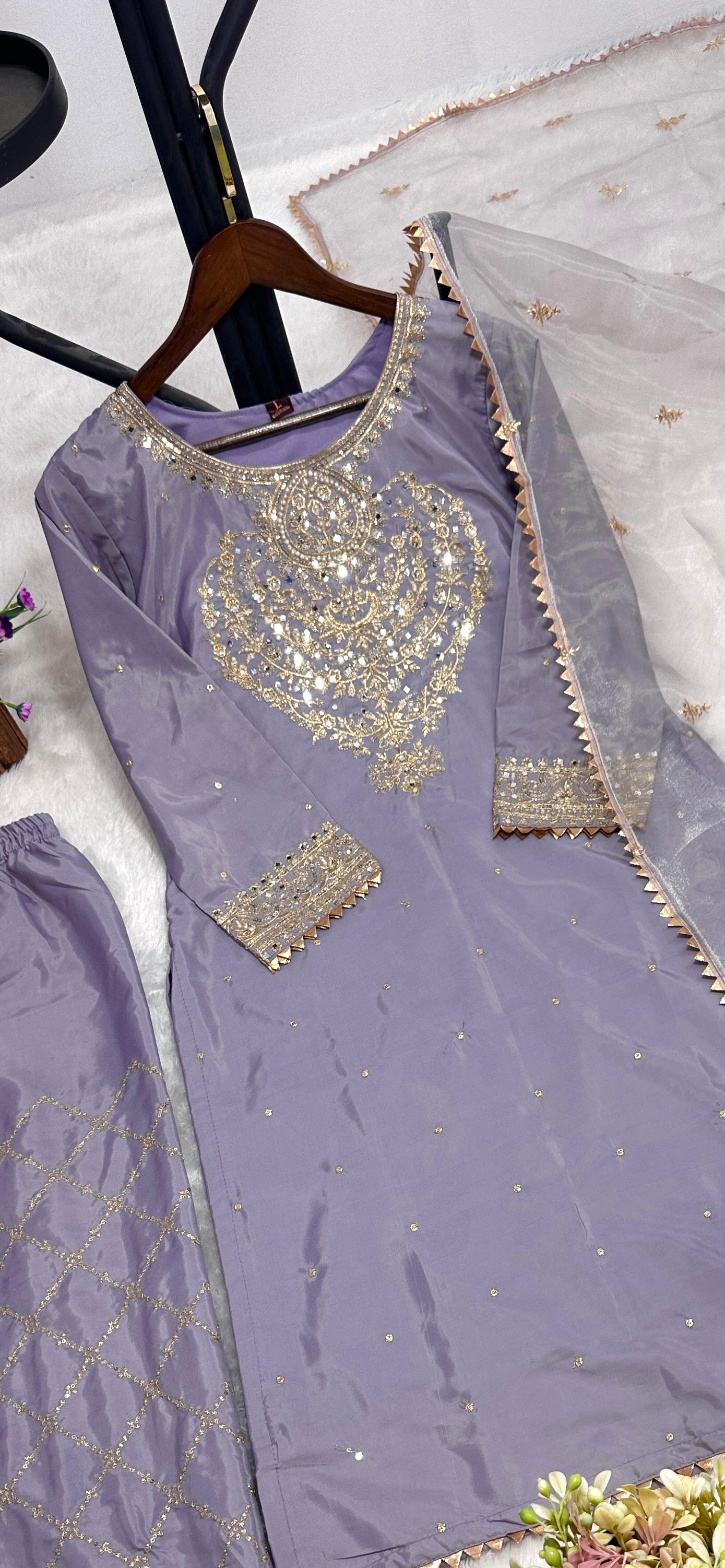Glimmering Heavy Work Lavender Color Palazzo Suit
