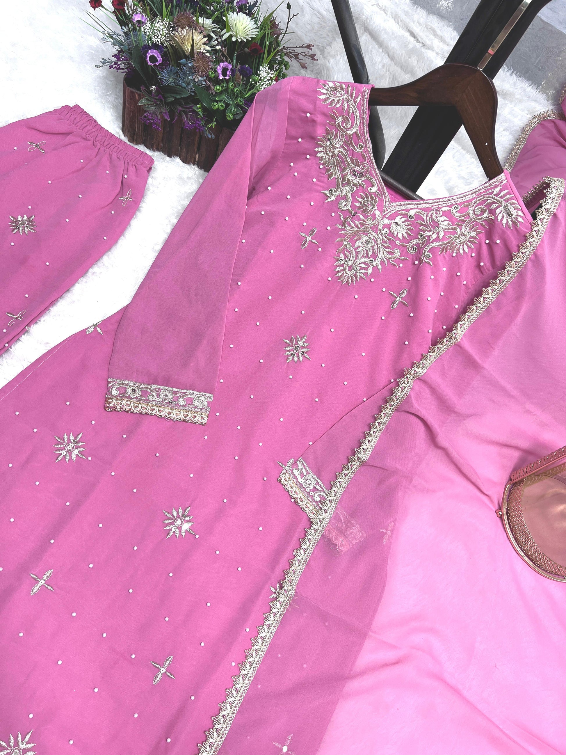 Attractive Embroidery Work Pink Color Palazzo Suit