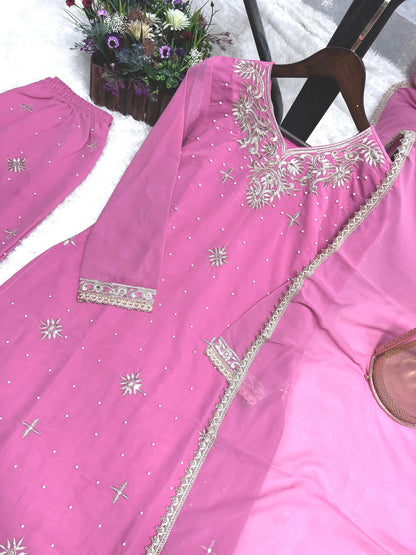 Attractive Embroidery Work Pink Color Palazzo Suit