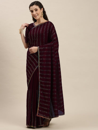 Stunning Purple Color Beads and Stones Work Saree