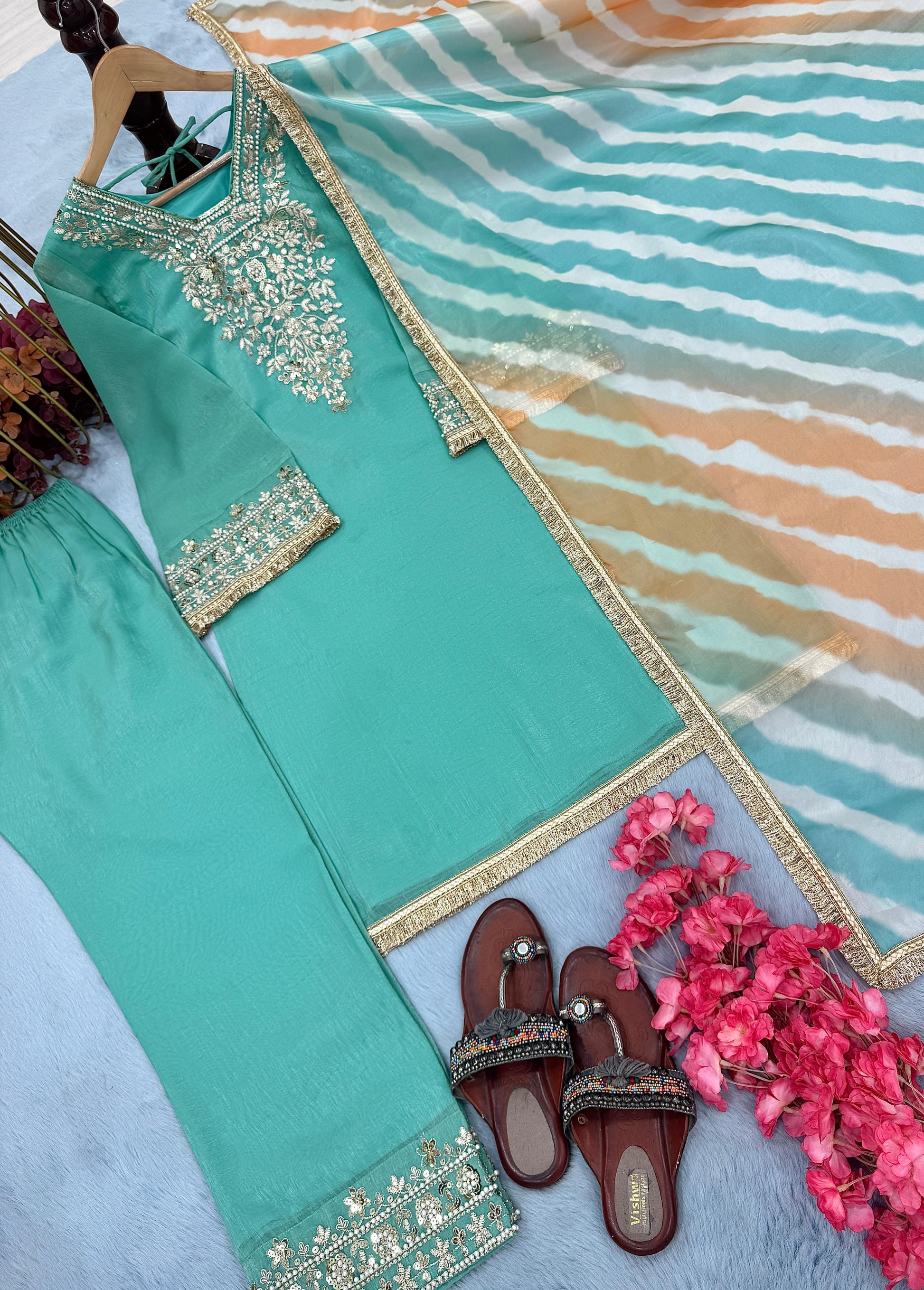 Precious Embroidery Work Teal Blue Color Salwar Suit