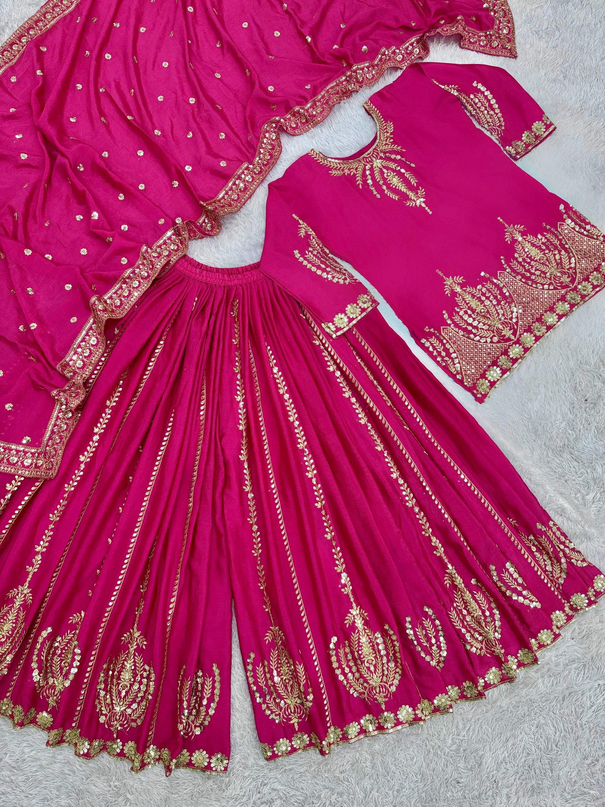 Glossy Chinon Silk Pink Color Sharara Suit