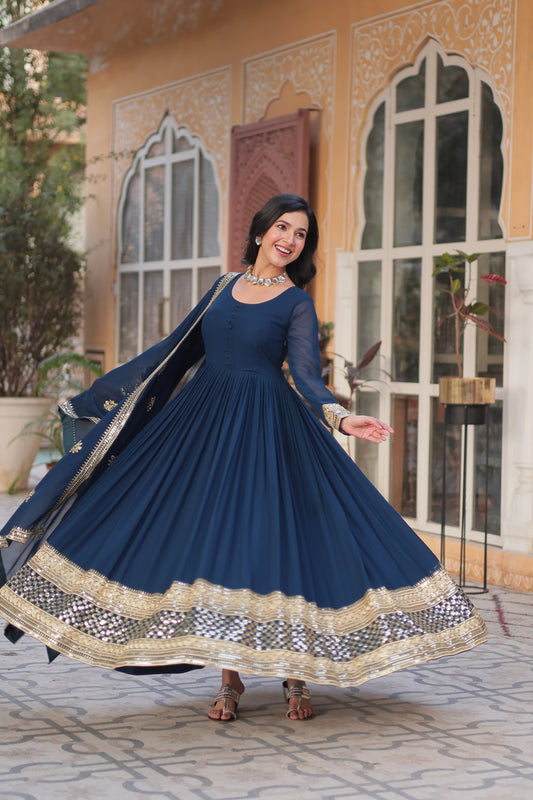 Good Looking Sequins Work Blue Color Gown