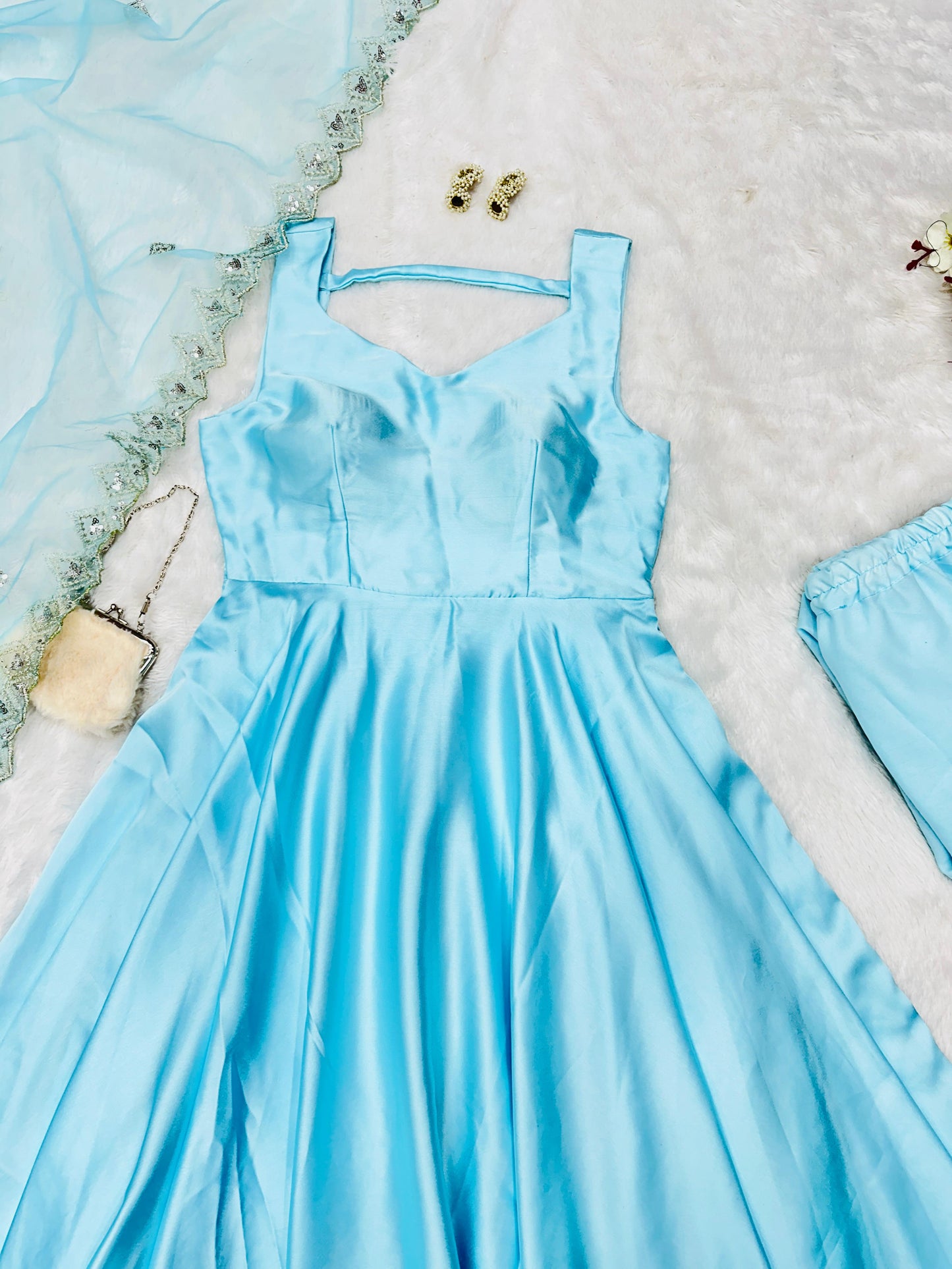 Luxuriant Japan Satin Sky Blue Color Gown