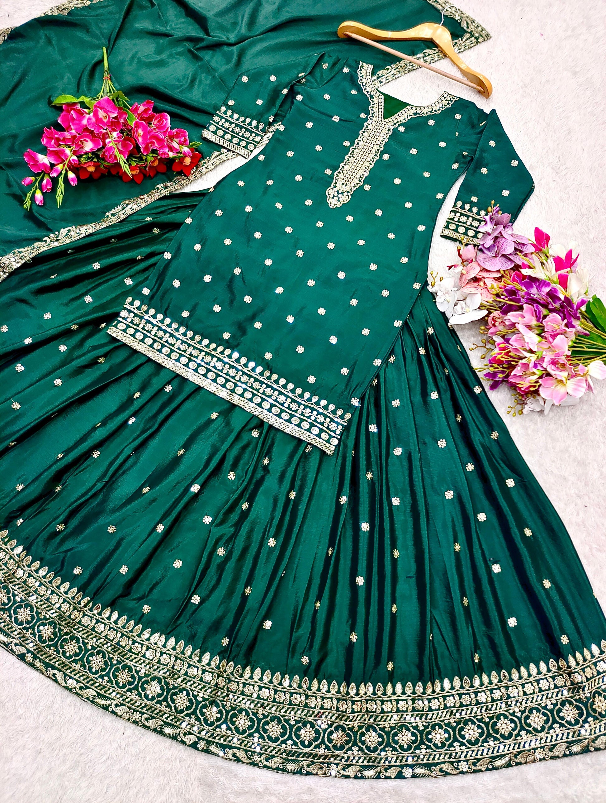 Gorgeous Green Color Sequence Work Top With Lehenga