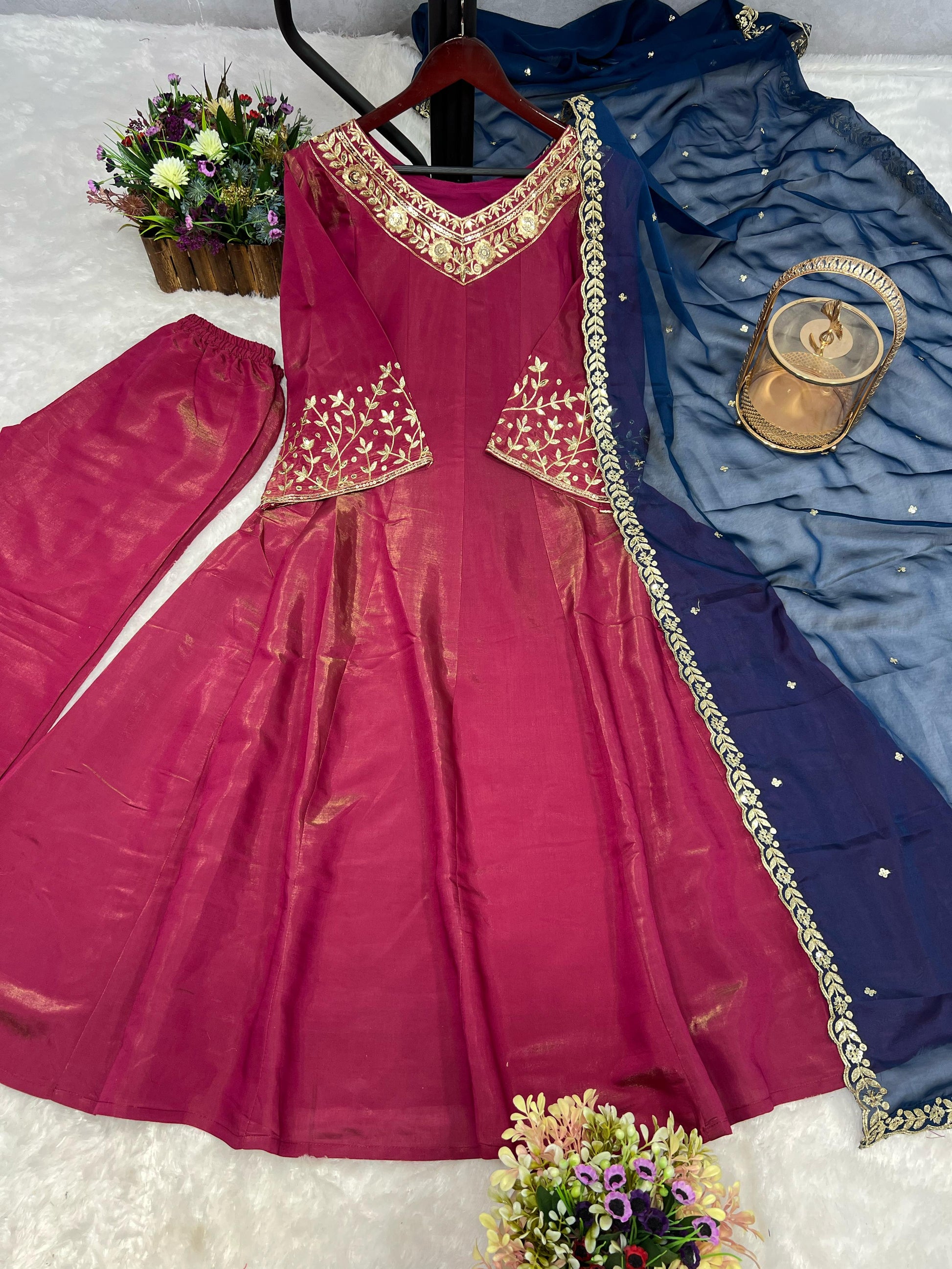 Designer Chimar Silk Pink Color Anarkali Suit