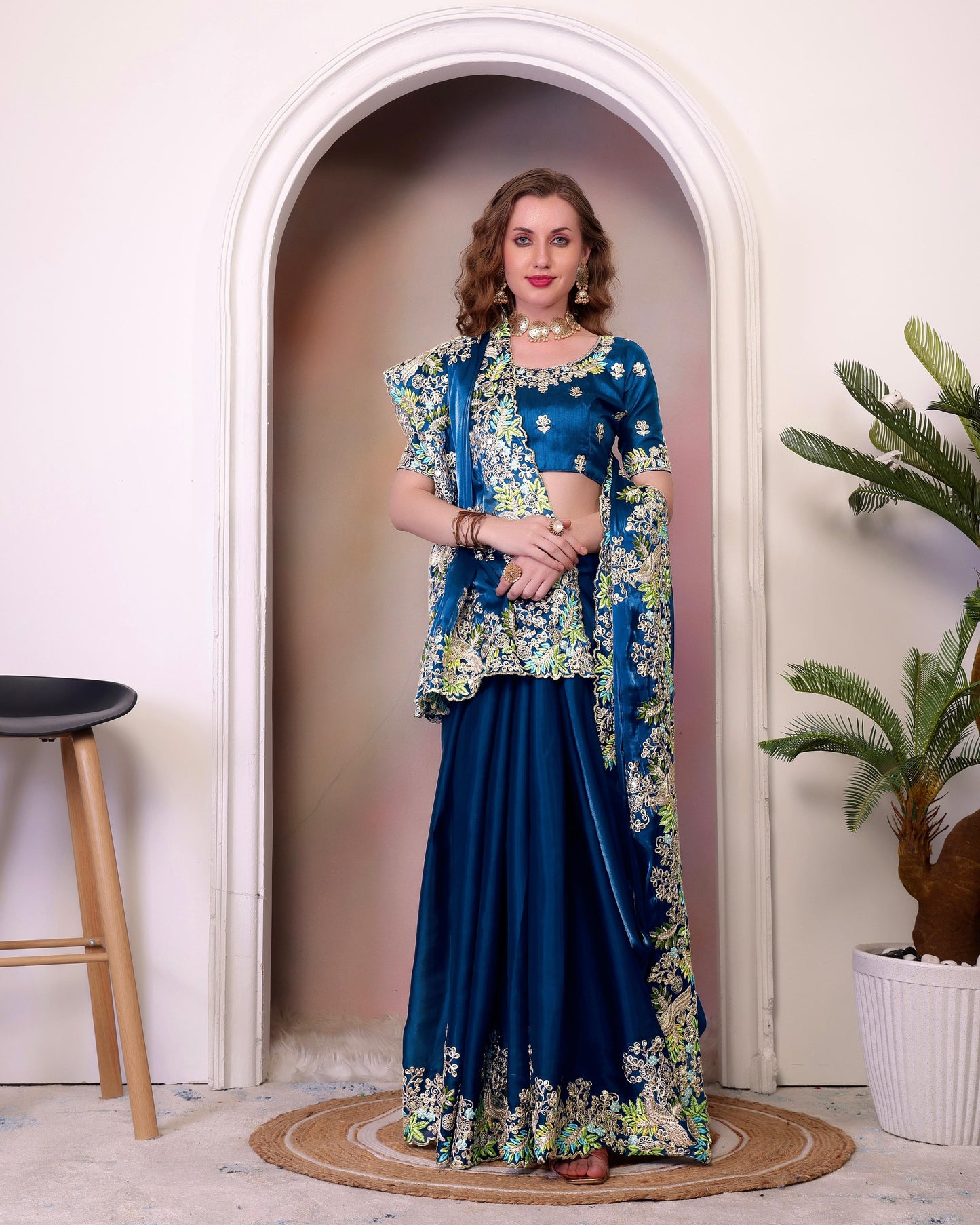 Traditional Wear Embroidery Work Teal Blue Color Saree