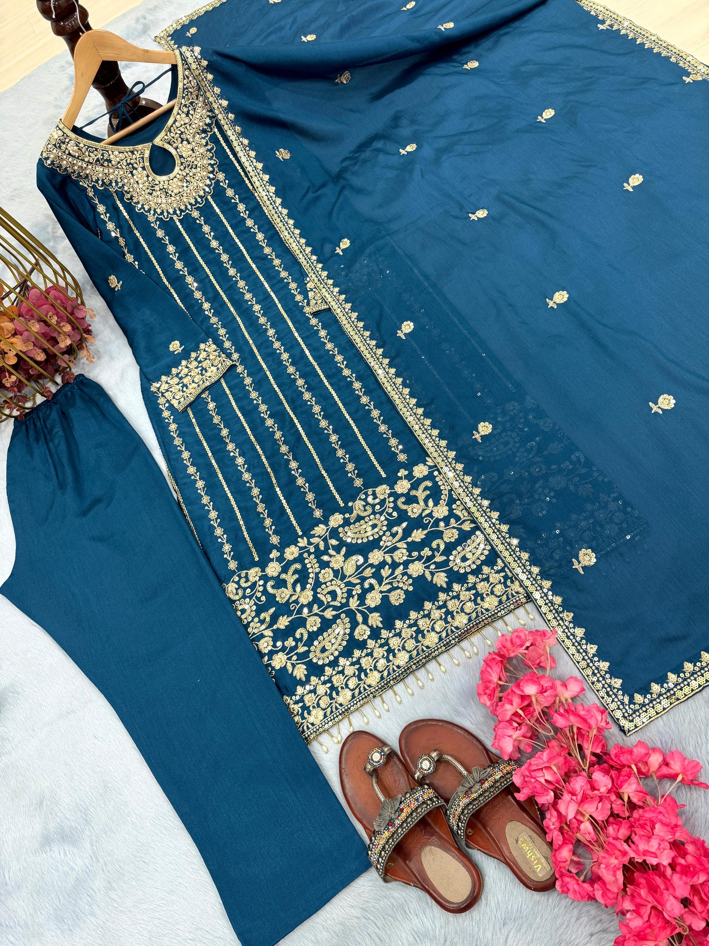 Graceful Chinon Silk Embroidery Work Teal Blue Salwar Suit