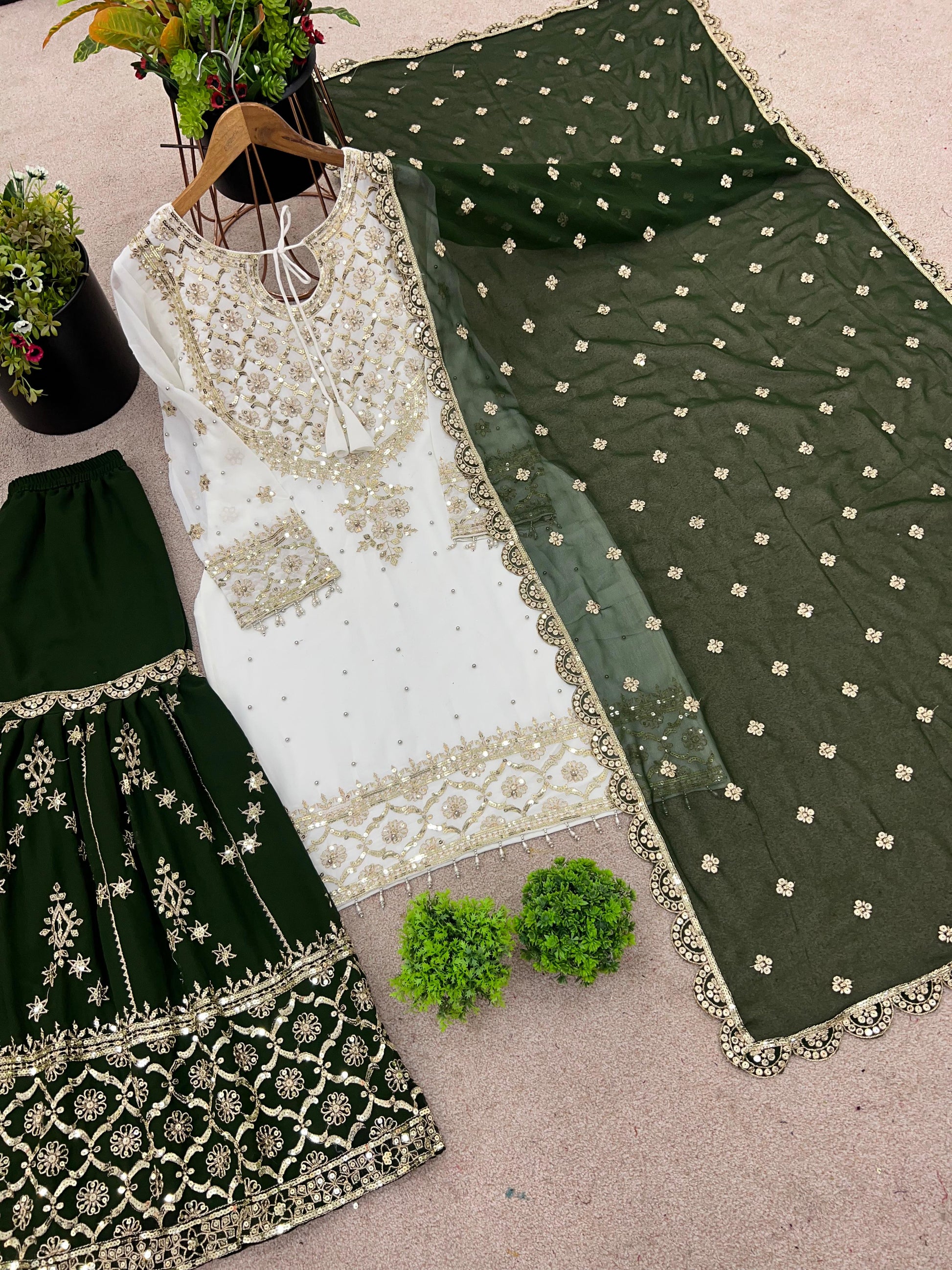 Fabulous Heavy Work White Color Suit With Mehndi Sharara
