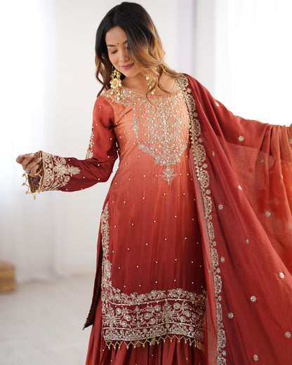 Good Looking Chinon Silk Rivet Moti Orange Color Sharara Suit