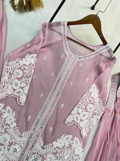 Glimmering Sequence Embroidery Work Pink Color Palazzo Suit
