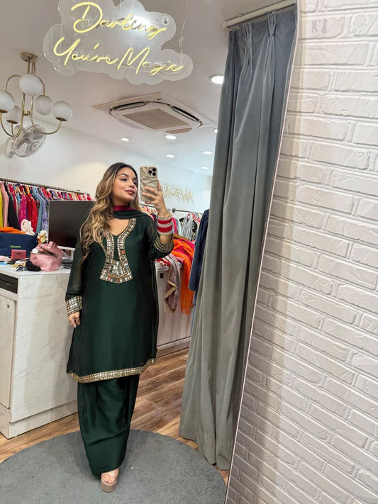 Exclusive Green Rangoli Silk Mirror Work Kurti