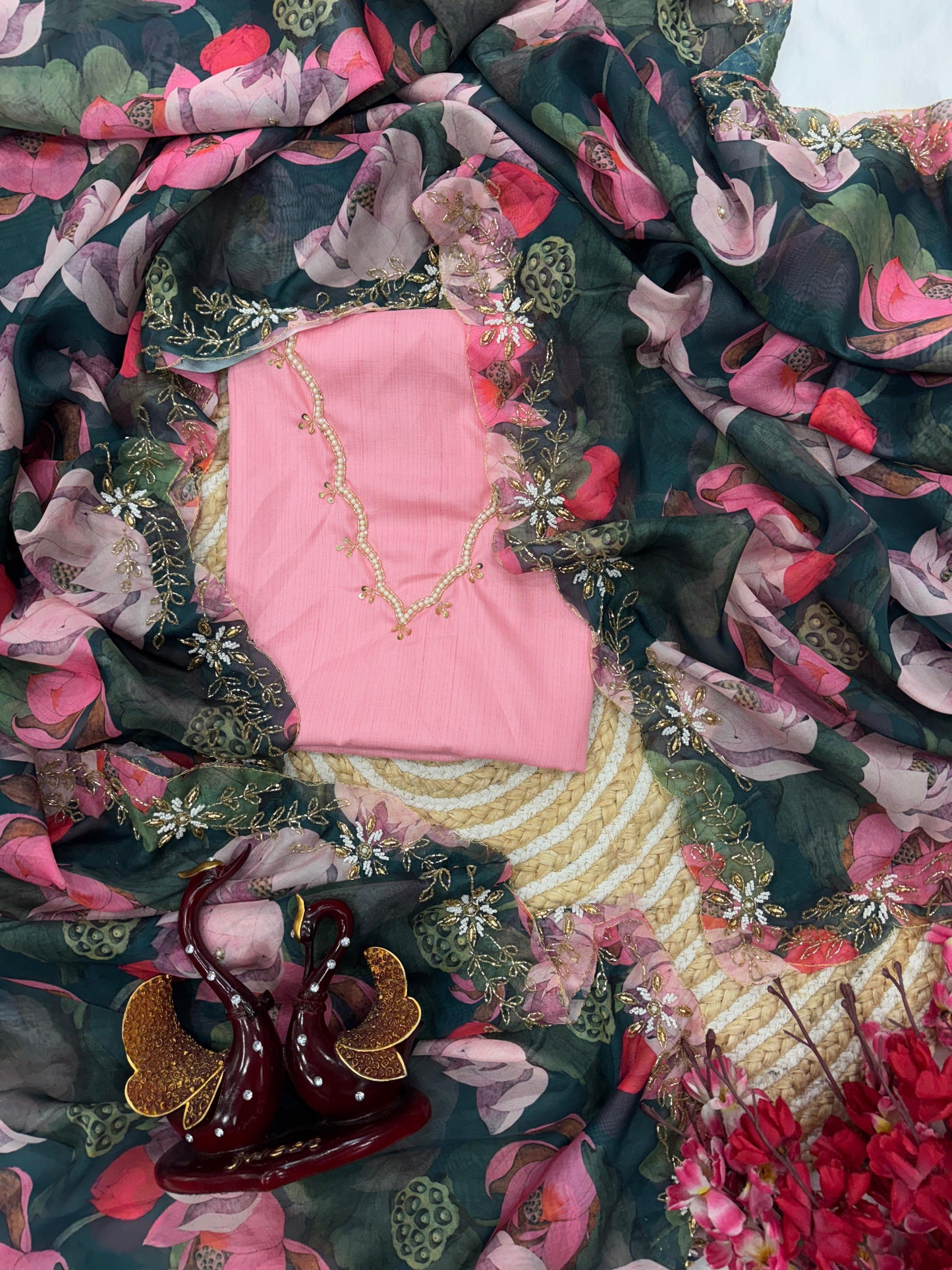 Classy Floral Print Teal Green Color Silk Saree