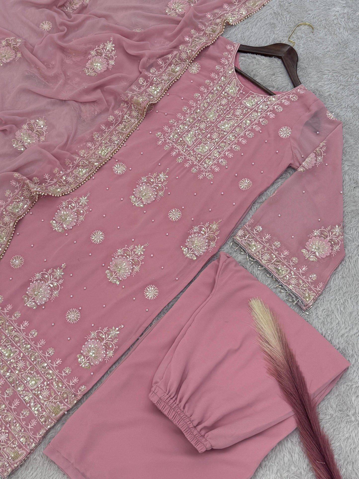 Classic Georgette Sequence Work Pink Color Plazzo Suit