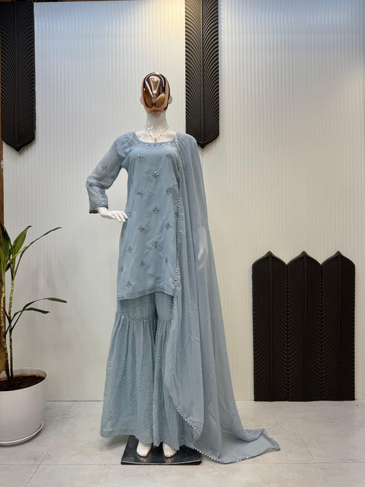 Captivating Real Mirror Work Grey Color Sharara Suit
