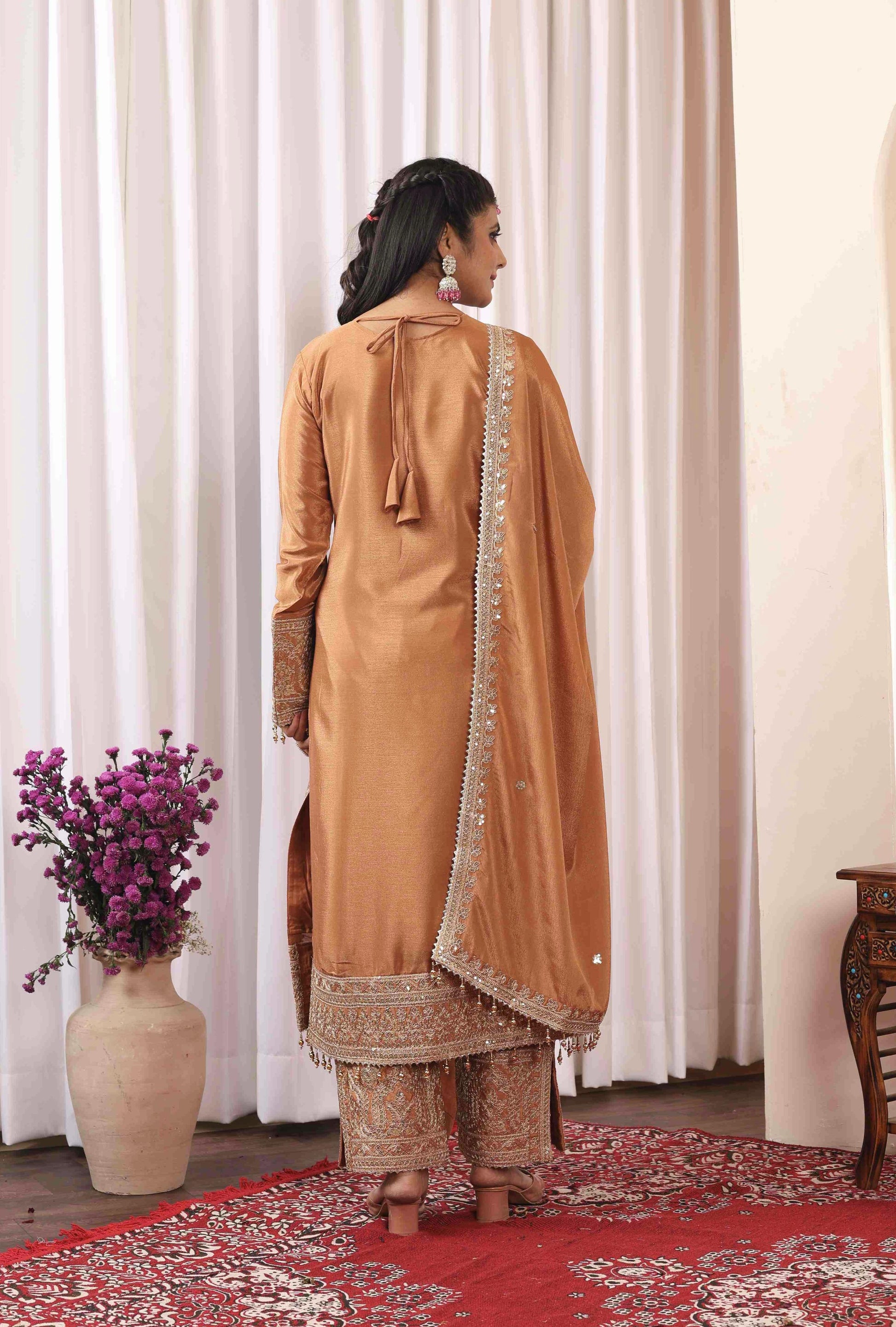 Imposing Chinon Silk Beige Color Top With Plazzo
