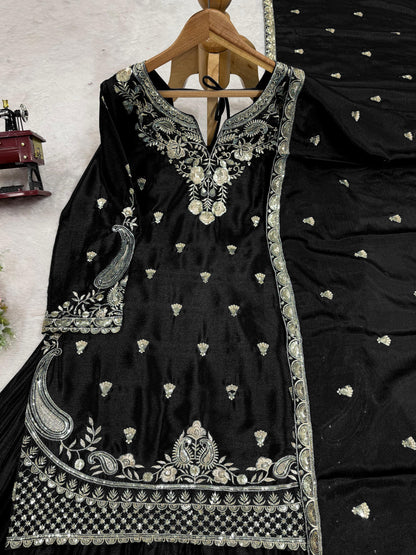 Wonderful Chinon Silk Black Color Palazzo Suit