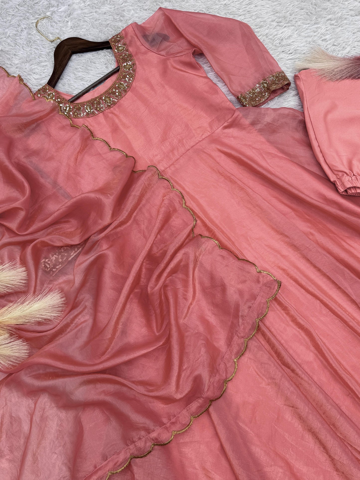 Delightful Embroidery Peach Color Anarkali Gown with Dupatta
