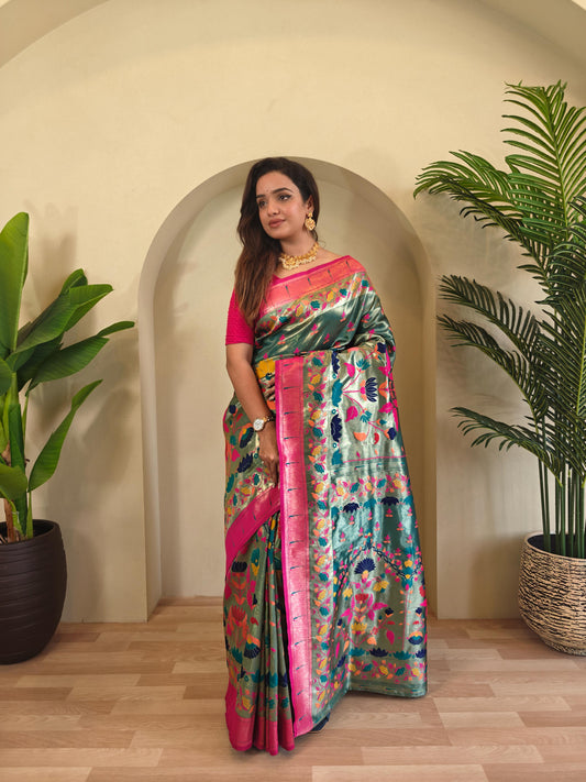 Wonderful Paithani Silk Teal Green Color Saree