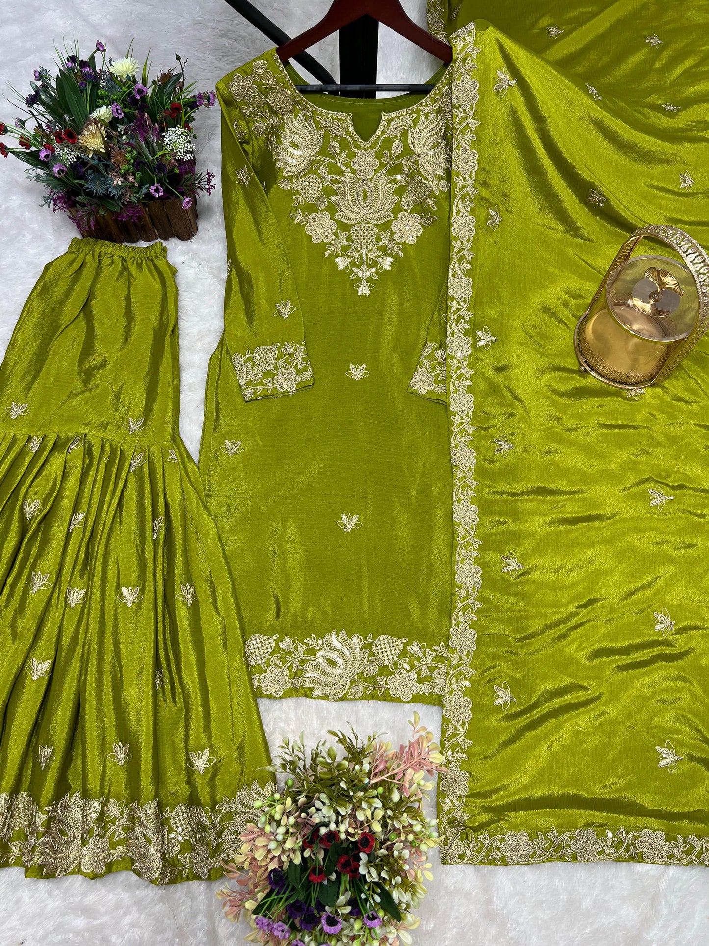 Fantastic Embroidery Coding And Sequence Work Green Color Sharara Suit