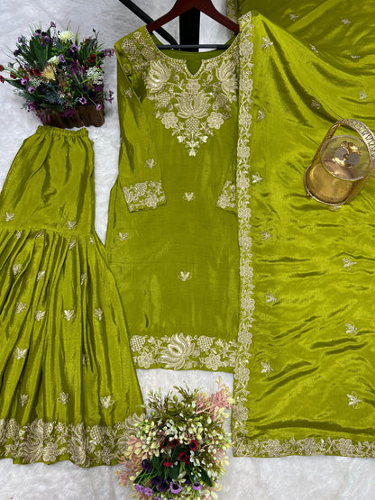 Fantastic Embroidery Coding And Sequence Work Green Color Sharara Suit