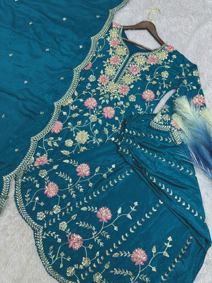 Outstanding Sequence And Thread Work Teal Blue Color Sharara Suit
