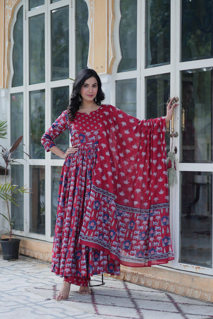 Fancy Cotton Round Neck Red Color Gown