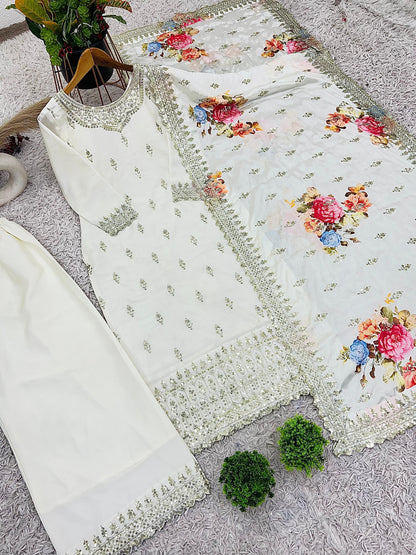 Wonderful Chinnon Silk Sequence Work White Color Palazzo Suit