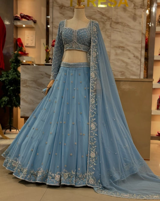 Opulent Gorgette Sky Blue Color Lehenga choli