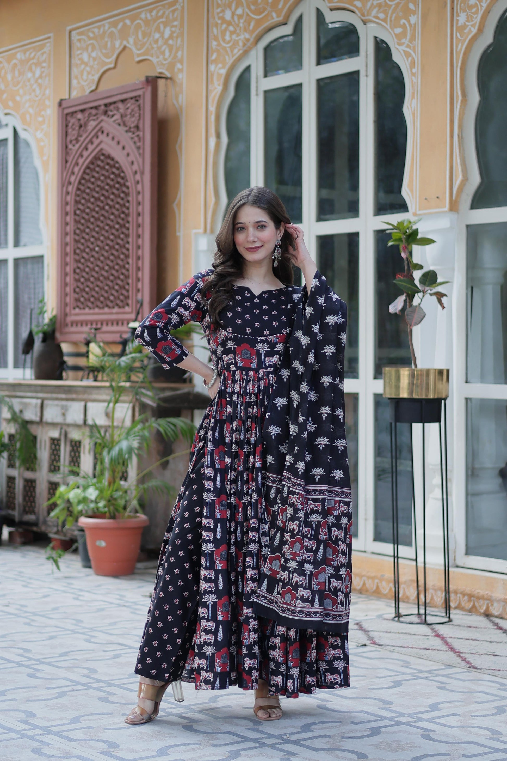 Fancy Cotton Round Neck Black Color Gown