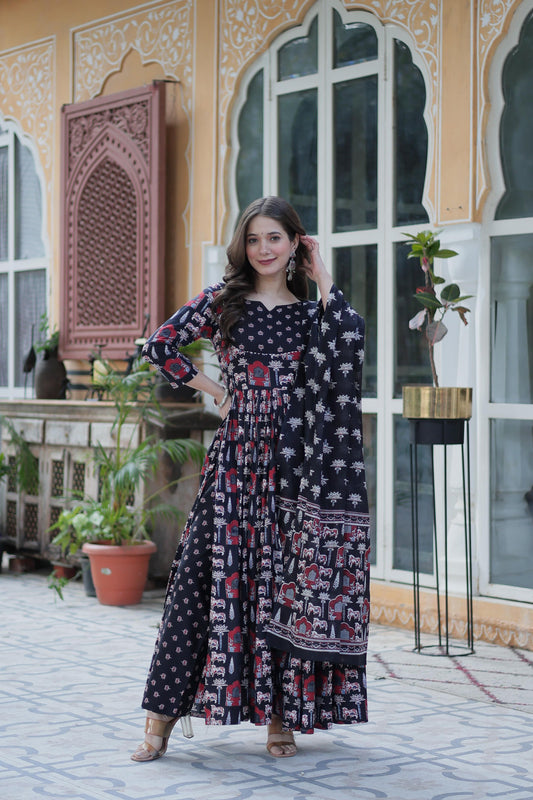 Fancy Cotton Round Neck Black Color Gown