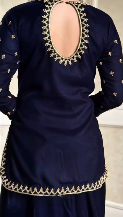 Stylish Blue Velvet with Sequence Work Plazo Suit