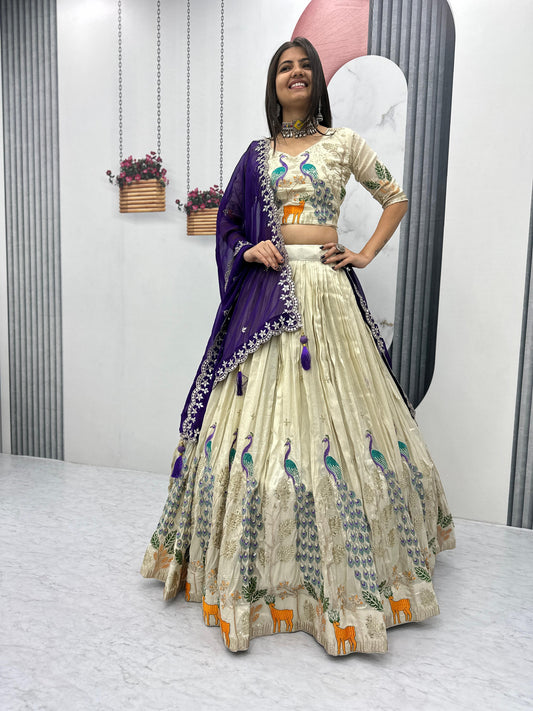 Pattern Wedding & Party Wear White Color With Purple Dupatta Lehenga Choli