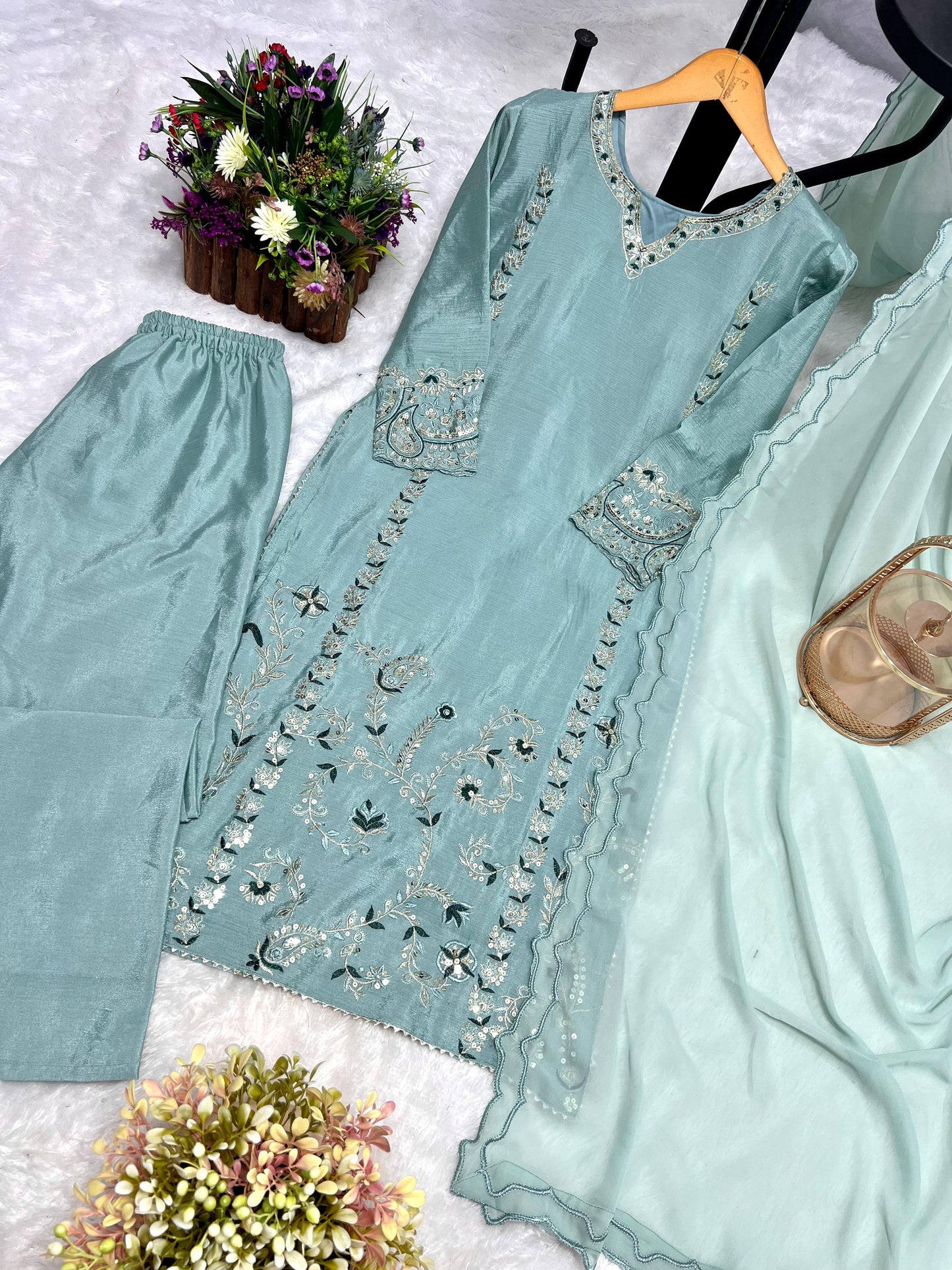 Presenting Thred And Sequence Work Teal Blue Color Salwar suit