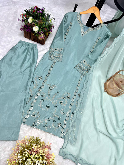 Presenting Thred And Sequence Work Teal Blue Color Salwar suit