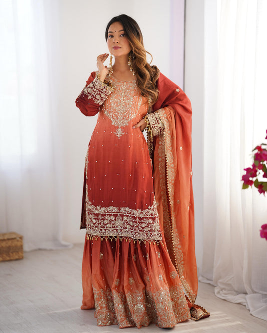 Good Looking Chinon Silk Rivet Moti Orange Color Sharara Suit
